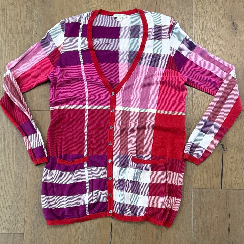 Burberry Red Pink and Purple Plaid V-Neck Cardigan